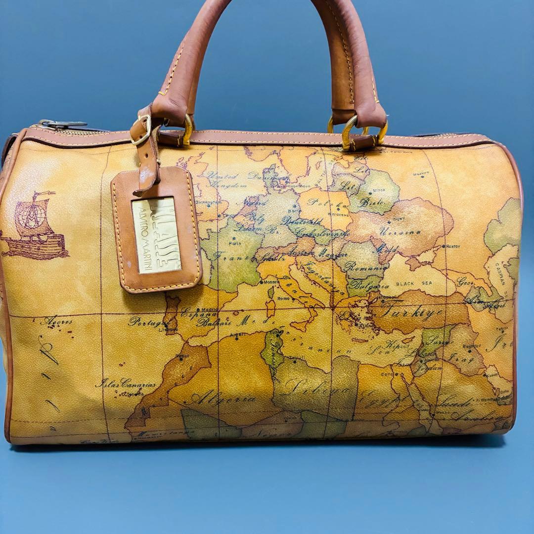 プリマクラッセ 世界地図柄 PVC×レザー ハンドバッグ ミニボストン