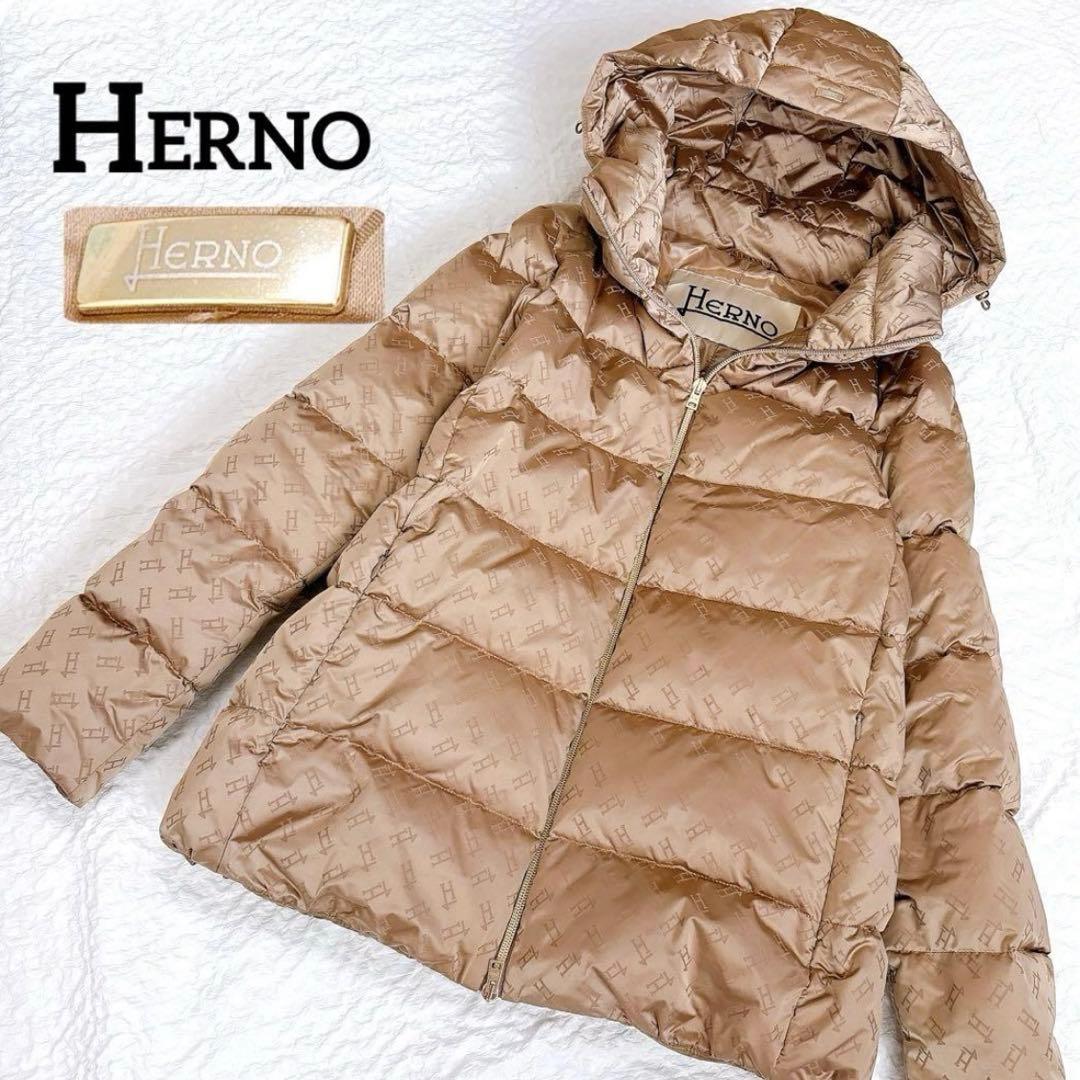 極美品✨HERNO モノグラム柄　ダウンジャケット　ロゴ　総柄　ブラウン　フード HERNO（ヘルノ） ダウン レディース ダウンジャケット モノグラム ロゴ