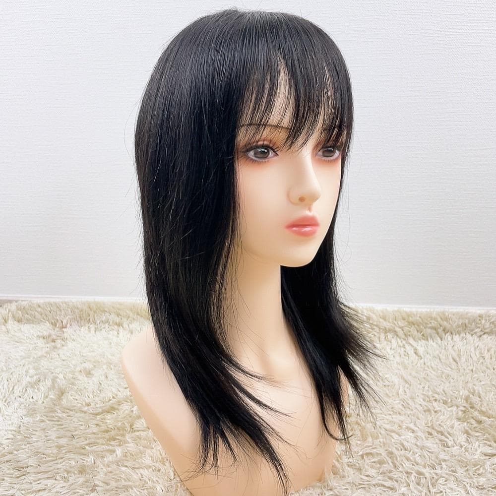 人毛100% フルウィッグ 医療用 ロングストレート ブラック 黒髪 手縫い