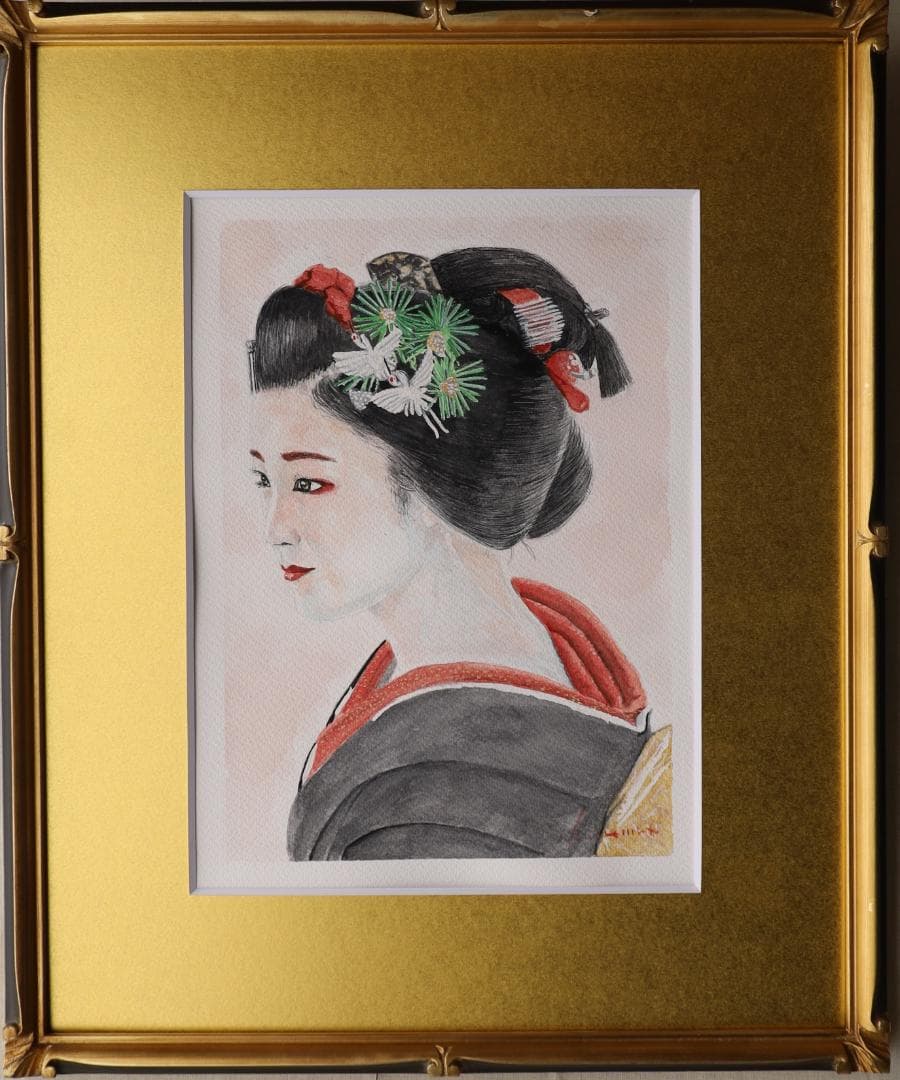 『挑む（のぞむ）』　※京都の舞妓さん。　手描き1点物。（水彩防カビ保護ワニス済） 挑む「のぞむ」 水彩画・舞妓・ 原画 ※防カビ処理済 ※挑むと書いて