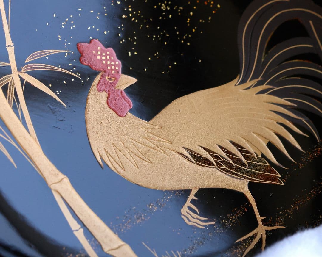 CM352】時代蒔絵椀 竹に鶏金蒔絵 平椀二客 木製 /(検) 輪島塗加賀能登