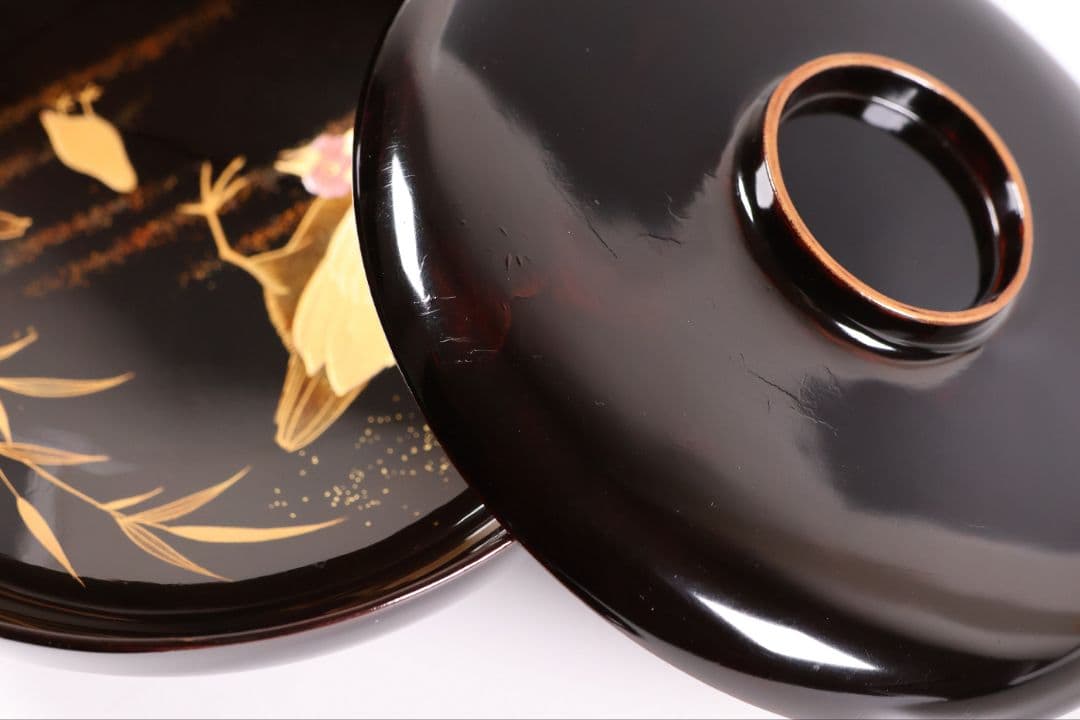 CM352】時代蒔絵椀 竹に鶏金蒔絵 平椀二客 木製 /(検) 輪島塗加賀能登