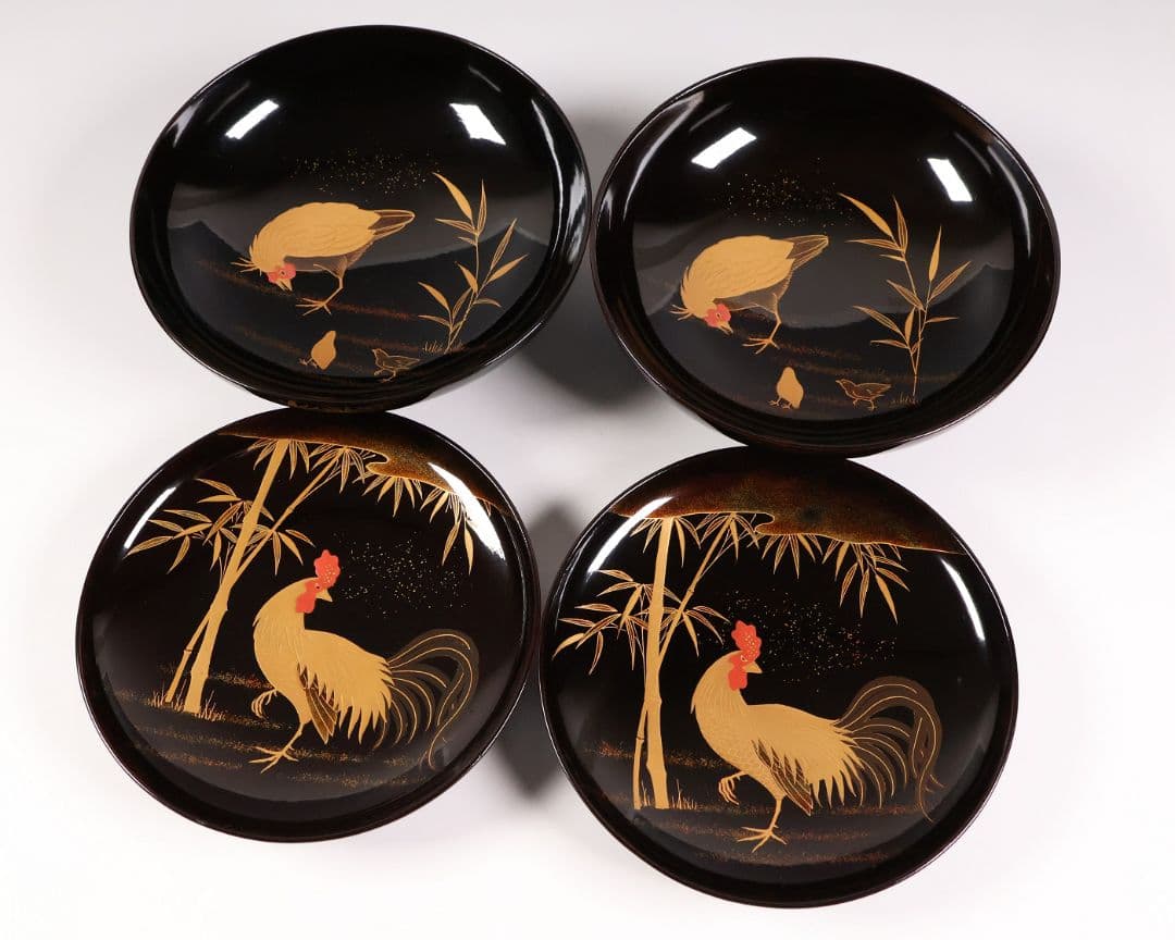CM352】時代蒔絵椀 竹に鶏金蒔絵 平椀二客 木製 /(検) 輪島塗加賀能登