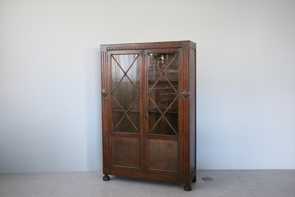 英国アンティーク木製ブックケースキャビネット/本棚/食器棚/飾り棚(92-155