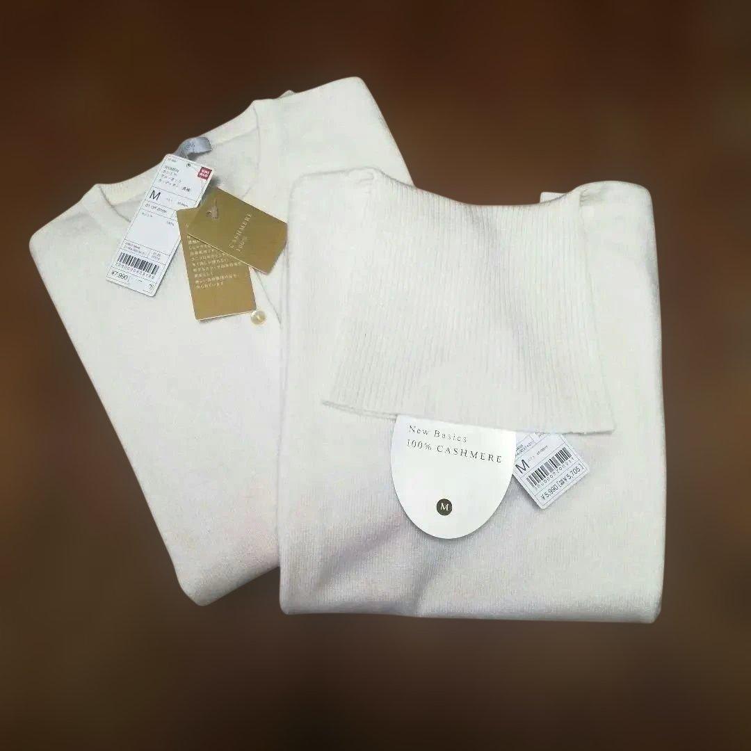 【UNIQLO】新品∗タグ付き　カシミヤ100% アンサンブル　オフホワイトM ユニクロ公式 | コットンカシミヤクルーネックセーター（長袖）