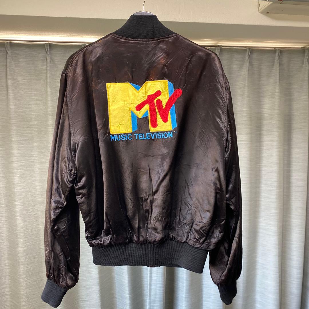80s MTV EMPIRE 刺繍ロゴ サテンジャケット 黒