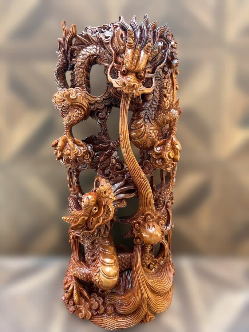 双竜 木彫り 一刀彫 置物 ドラゴン 龍 開運　中国　竜神　01d144