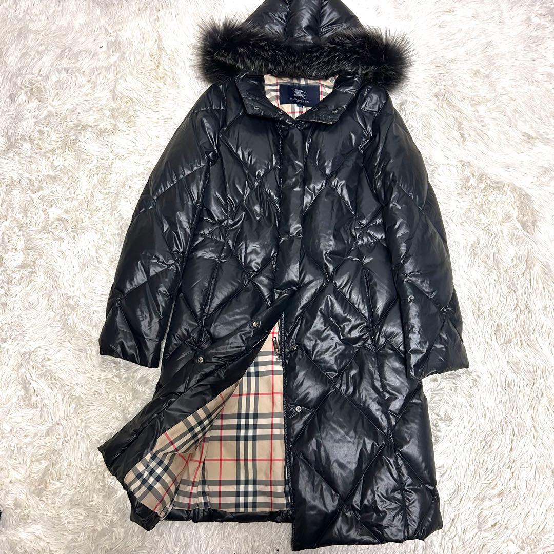 美品　バーバリーロンドン　ダウンコート　フォックスファー　ノバチェック　38 黒