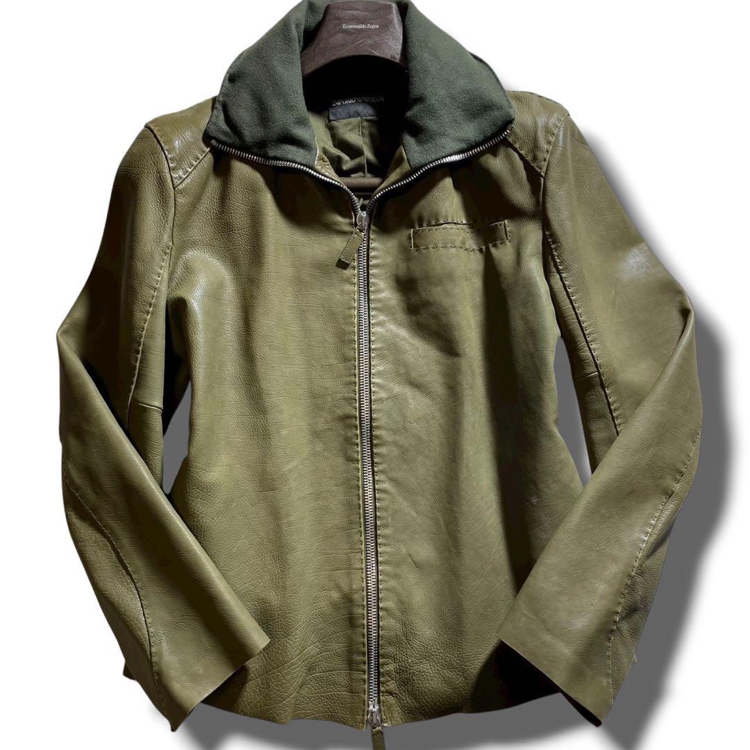 【希少色】EMPORIO ARMANI レザージャケット 50 グリーン 羊革