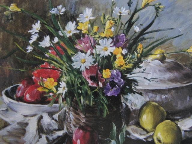 森文男、【籠の花のある静物】、希少な大判額装用画集より、美品