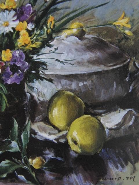 森文男、【籠の花のある静物】、希少な大判額装用画集より、美品