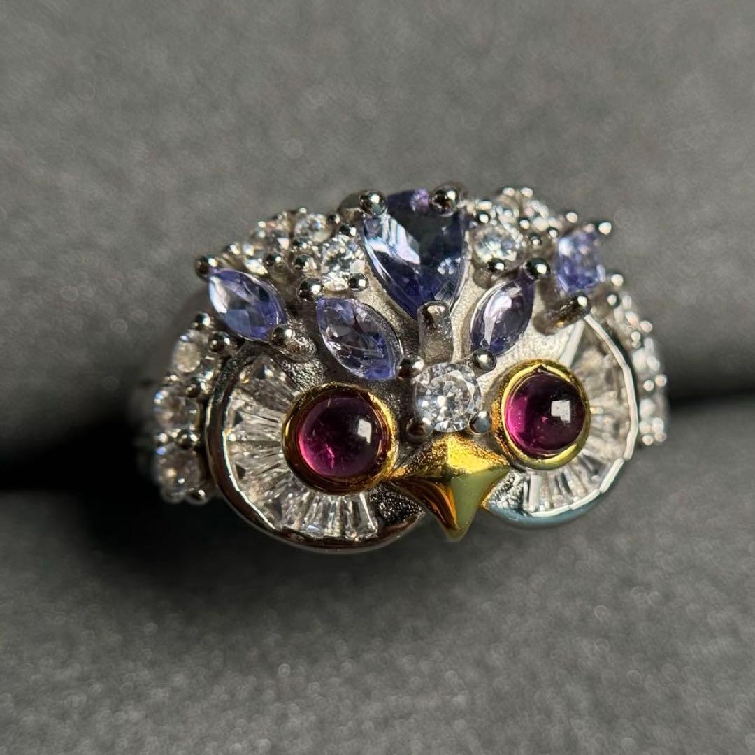 タンザナイト×ガーネット フクロウモチーフ サイズ調整可能 リング　天然石　宝石