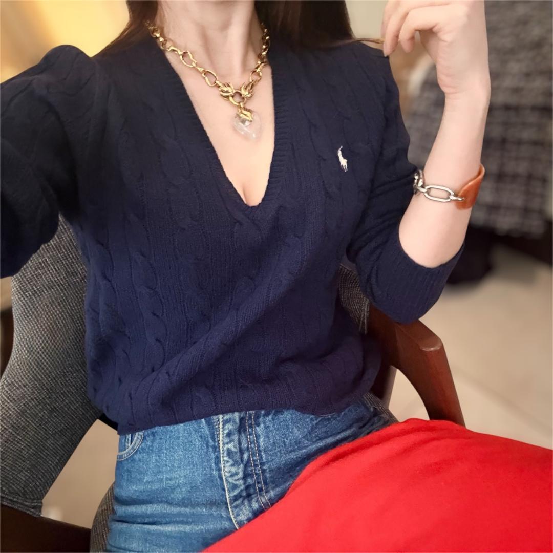 美品】ポロラルフローレン カシミヤ混 ケーブルニット Vネック 濃紺 S