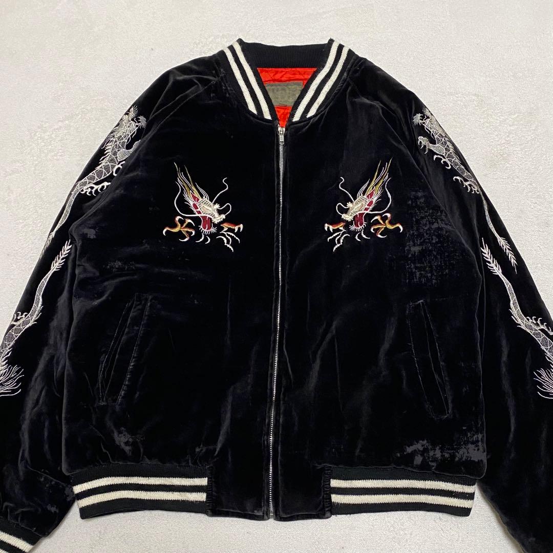 80s90s TDR スカジャン　別珍　刺繍　龍 鷹　ベロア