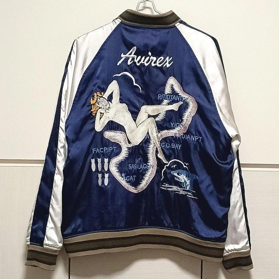 美品★AVIREX　アヴィレックス　刺繍　中綿　リバーシブルスカジャン　ネイビー