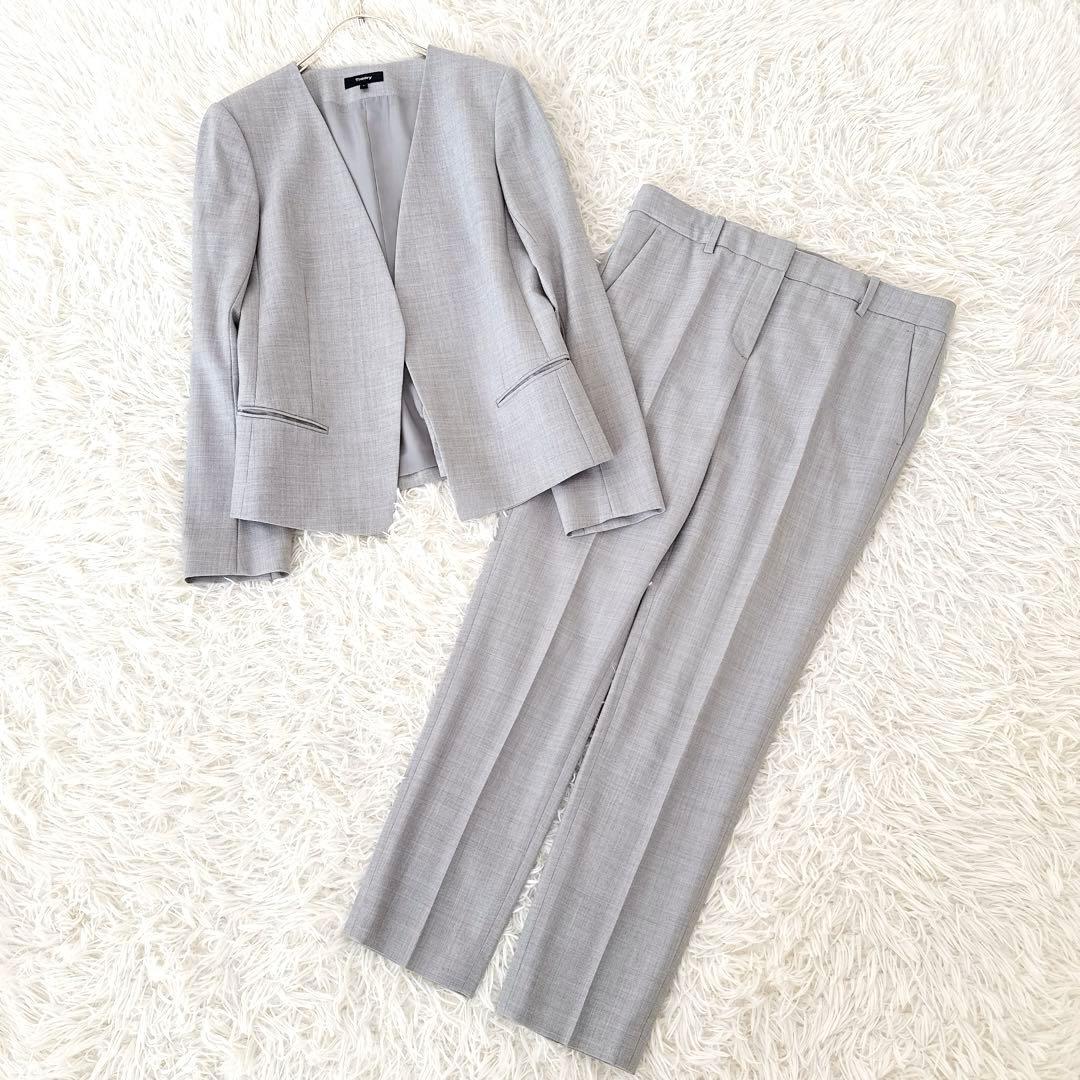 大きめサイズ4✨セオリー ノーカラー パンツスーツ セットアップ ライトグレー