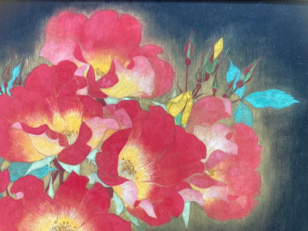 真作保証】杉山紀美子「薔薇」日本画 印章 共シール有り 絵画