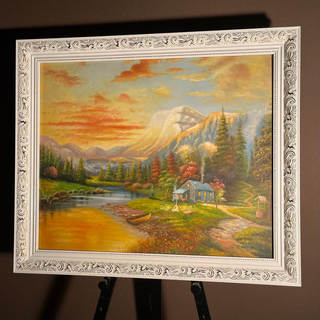 手書き油絵 静かな山河 額付 絵画 インテリア 油彩画