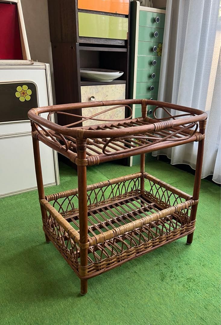 龍＊ラタン 籐 2段バスケット ランドリーバスケット 脱衣カゴ 昭和レトロ
