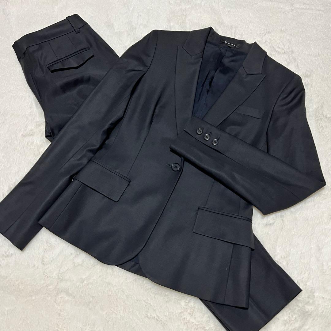 極美品 セオリー パンツスーツ セットアップ シングル ブラック サイズ2 極美品◇セオリー パンツスーツセットアップ ノーカラージャケット