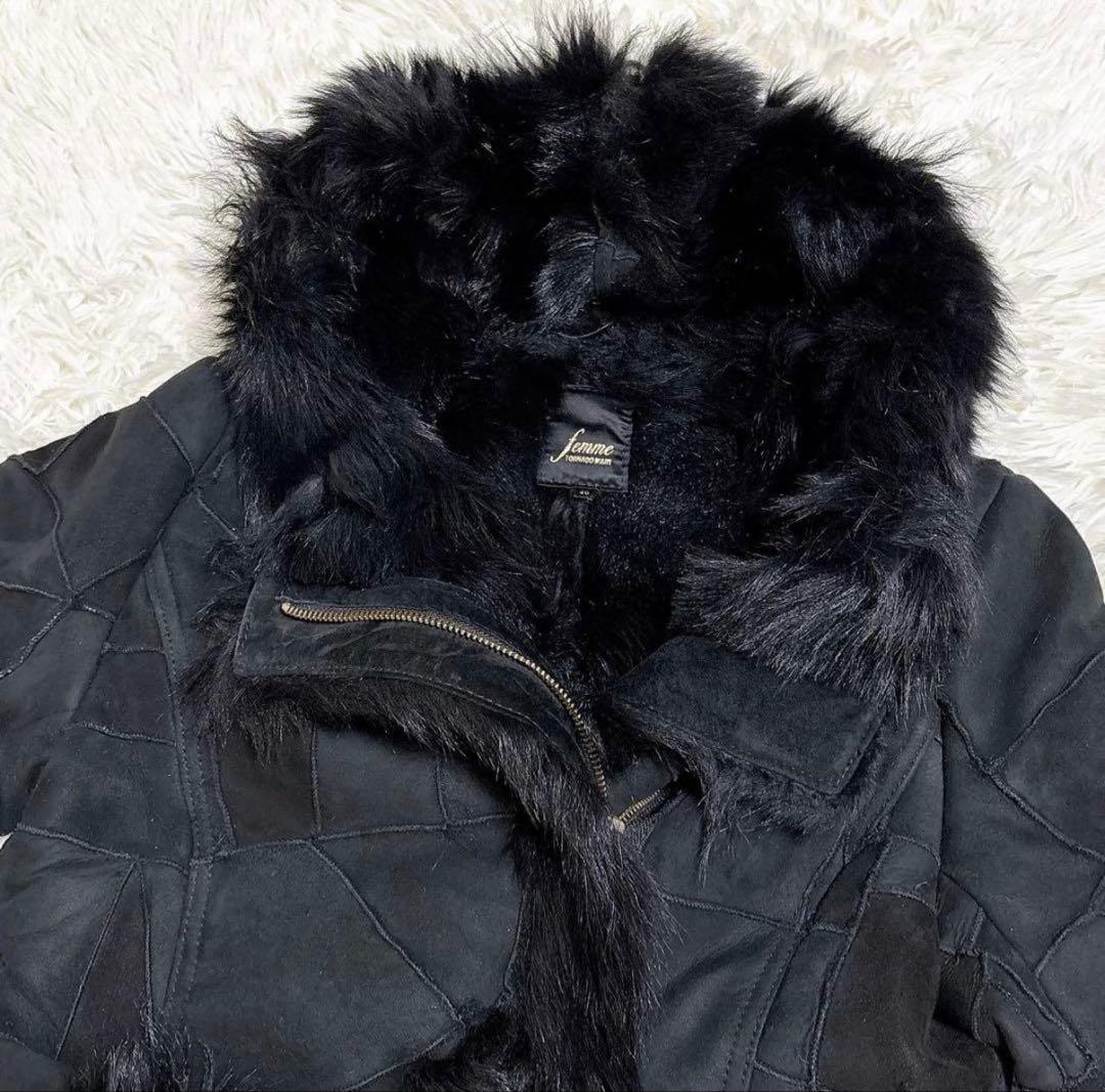 美品 トルネードマート 羊革 ムートンコート パッチワーク ブラック 黒