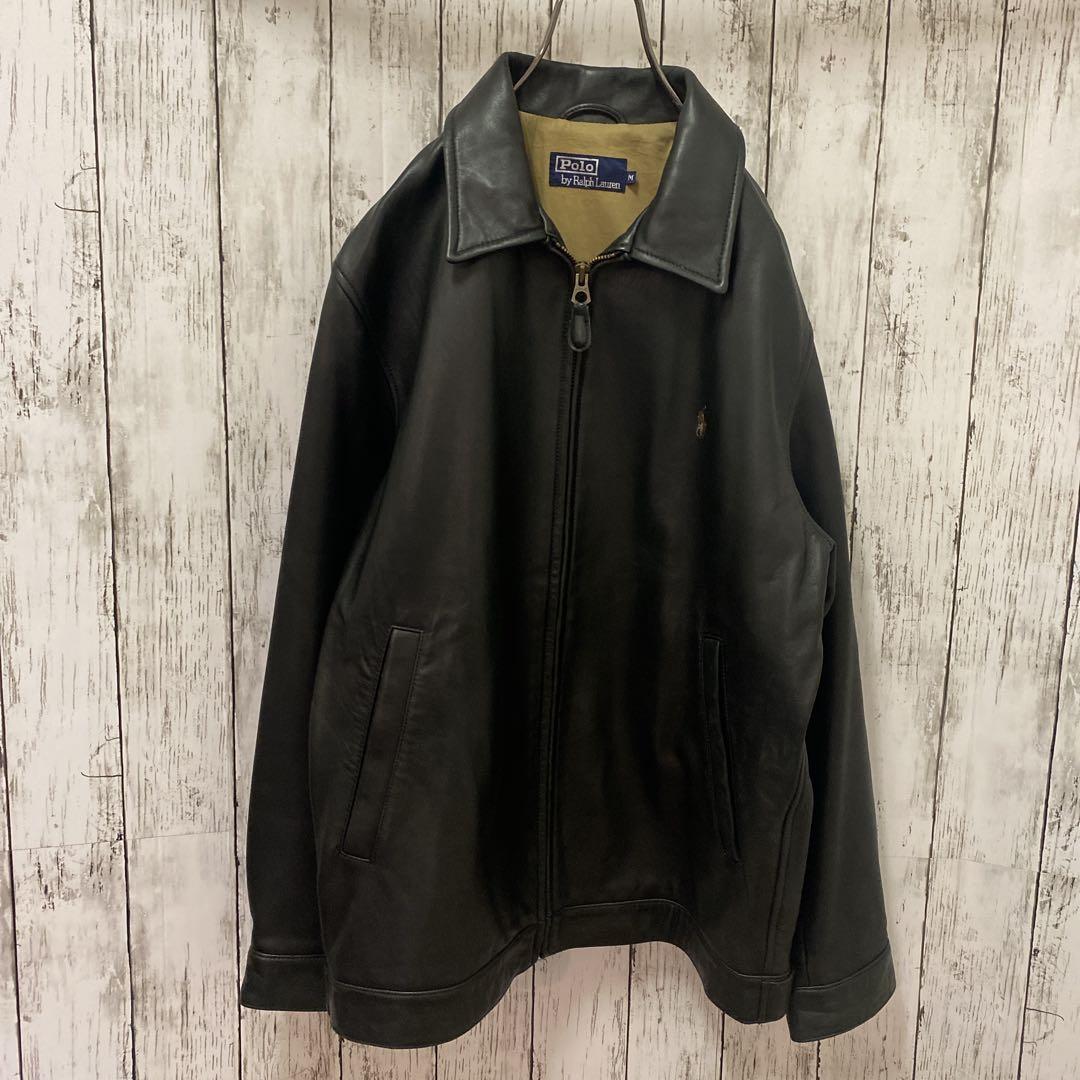90's ラルフローレン レザージャケット ワンポイント刺繍ロゴ