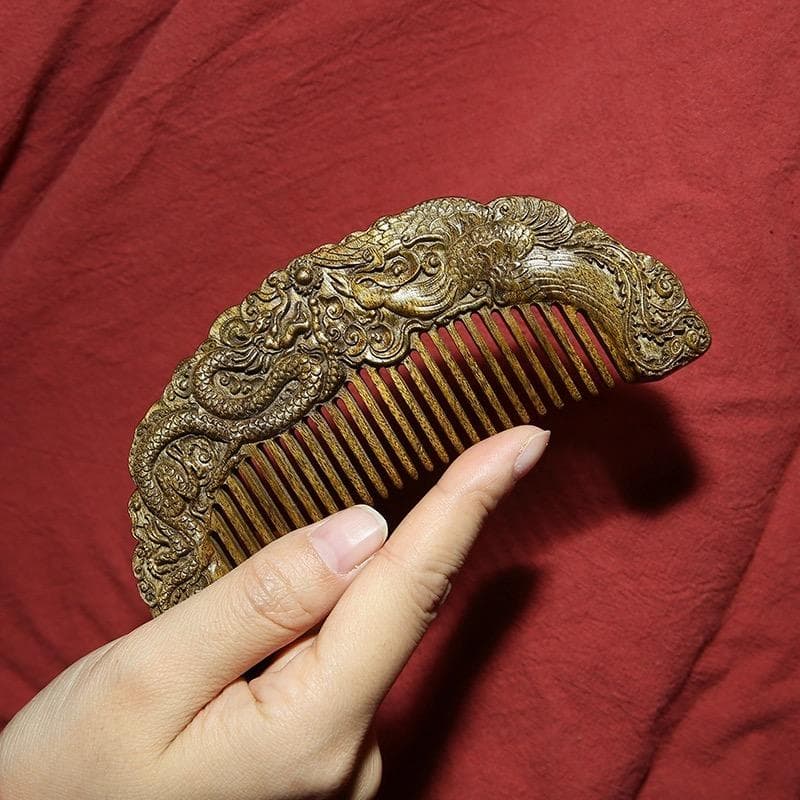 RUNAN オリジナルデザイン  天然 金糸楠木 龍と鳳の紋 精工彫刻 櫛