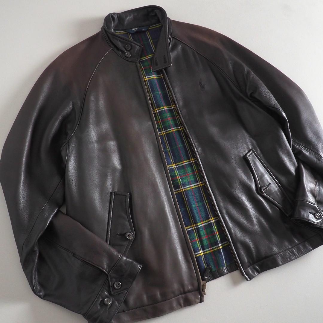 ラルフローレン　羊革　レザージャケット　ブラウン　裏地チェック　美品