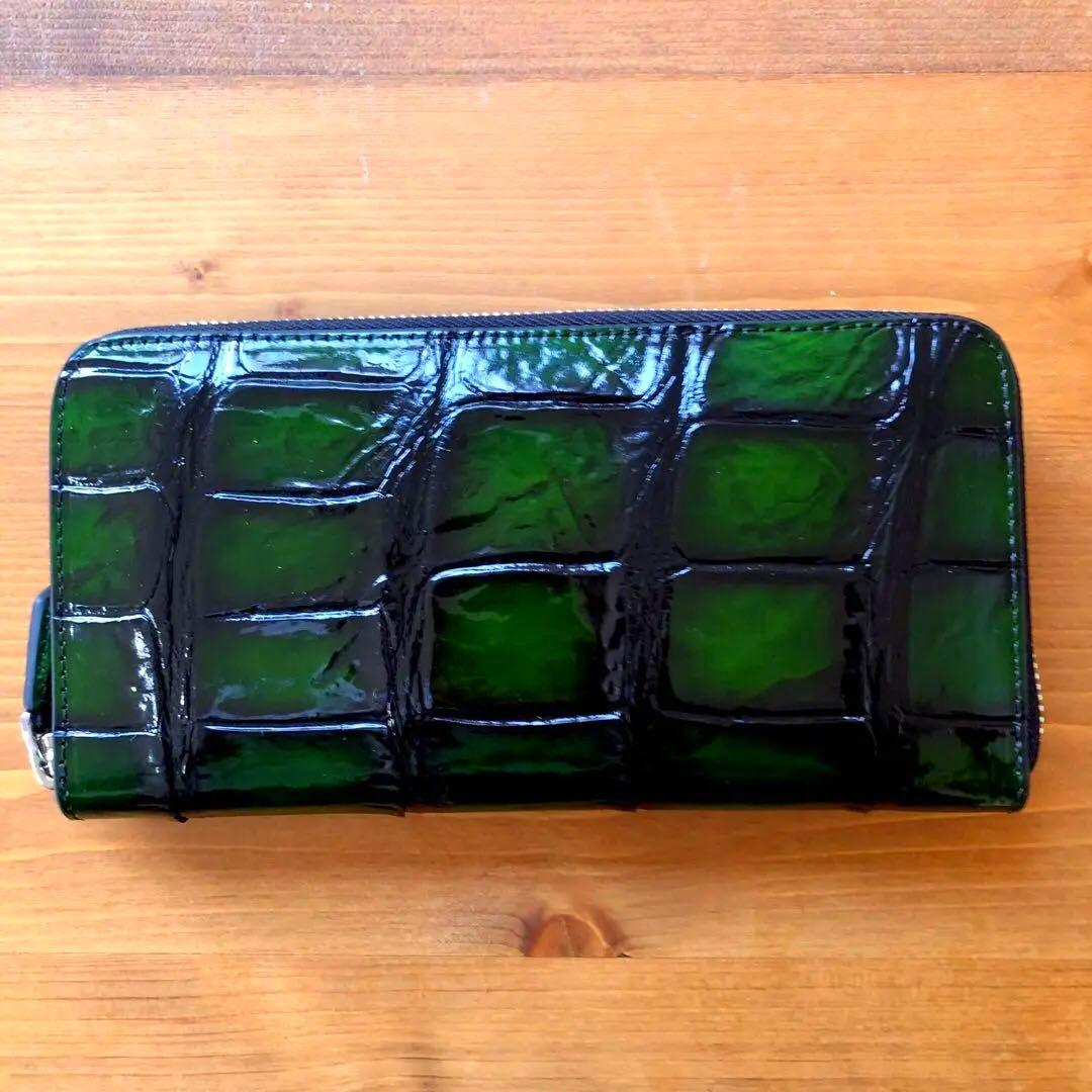 み*ん様 クロコダイル 長財布 高級 一枚革メンズ レディース　緑グリーン　ブラ