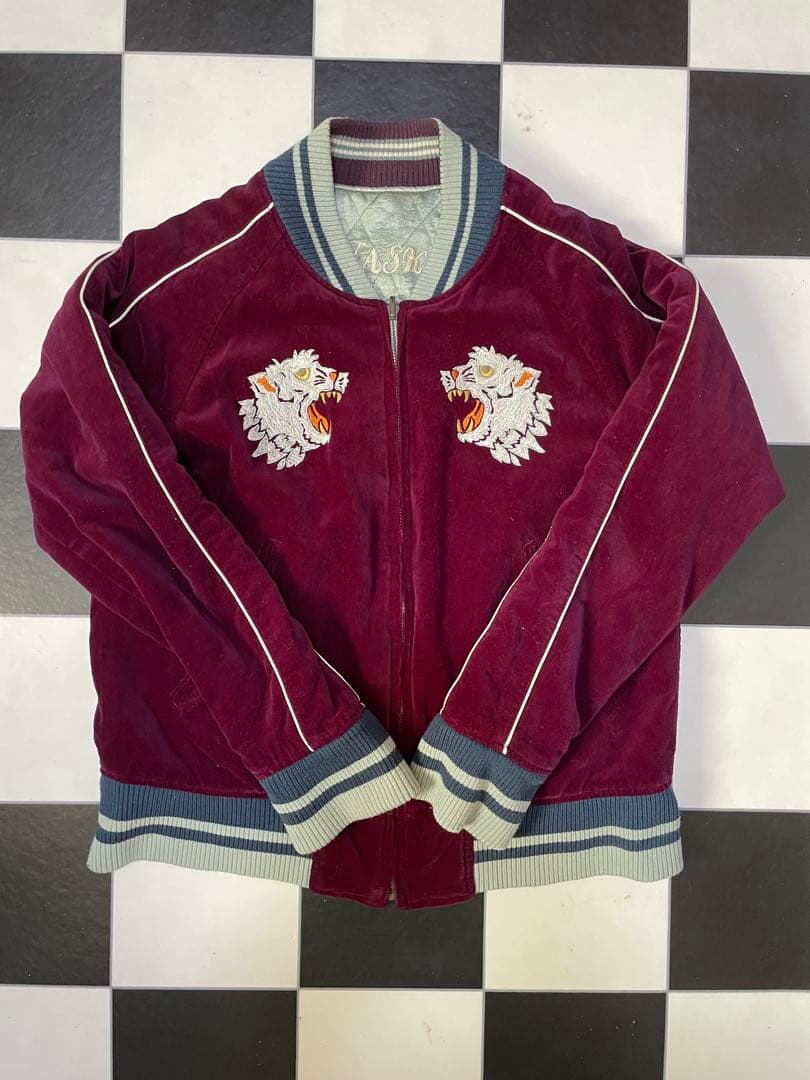 別珍スカジャン　淡い赤色　メンズ　リバーシブル　レアサイズ　短丈