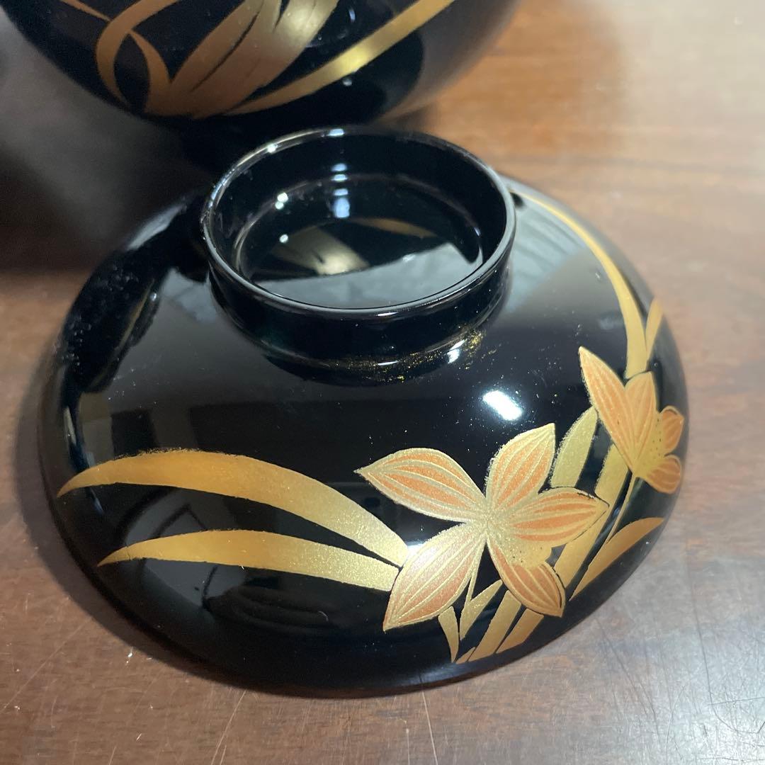 会津塗 漆器 金彩 美玲 黒 ラン 蓋付お吸物椀 5客 雑煮椀 汁椀 吸椀