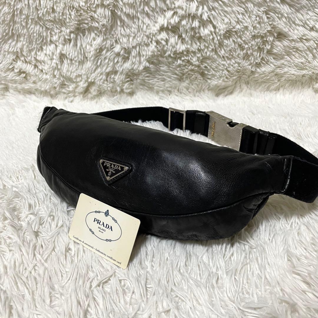 【良品】PRADA プラダ　ボディバッグ　ウエストポーチ　オールレザー　ブラック