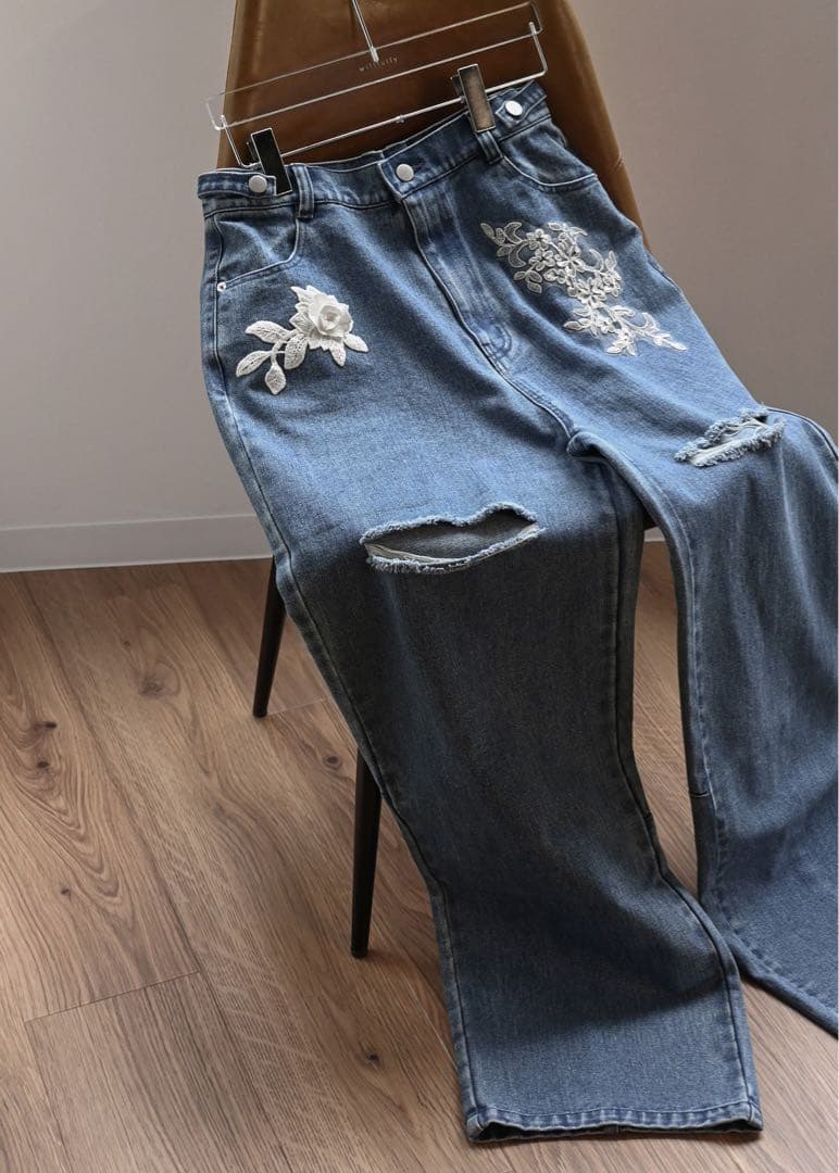 パンツ size adjust motif lace loose denim PT