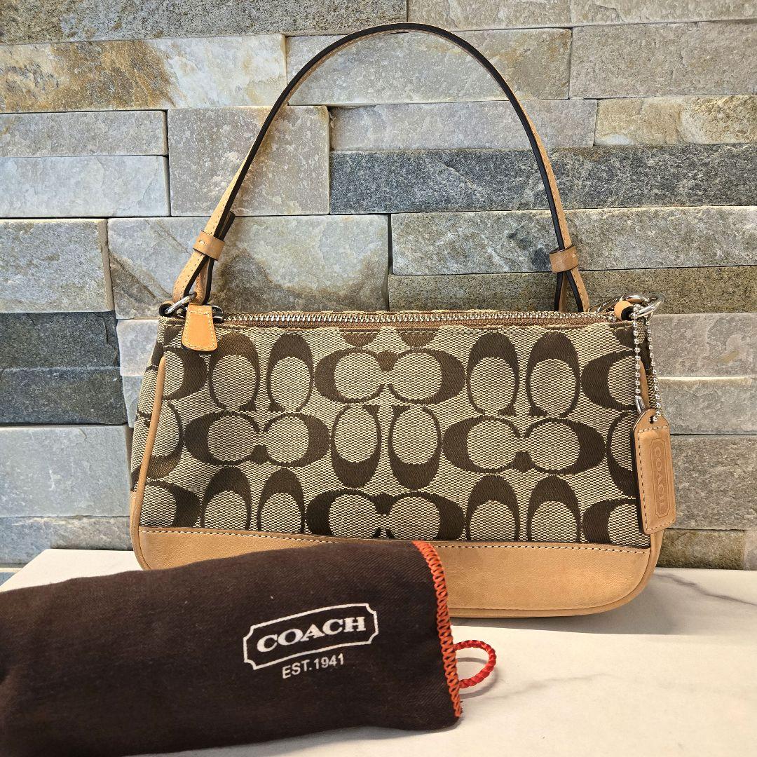 美品　COACH　コーチ　ポーチ　ハンドバッグ　キャンバス　レザー　シグネチャー COACH（コーチ） バッグ コーティングキャンバス レザー シグネチャー