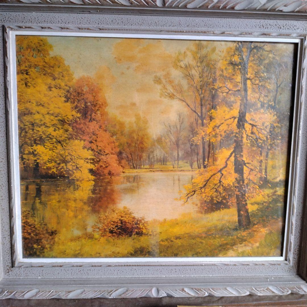 秋の風景画 湖の絵