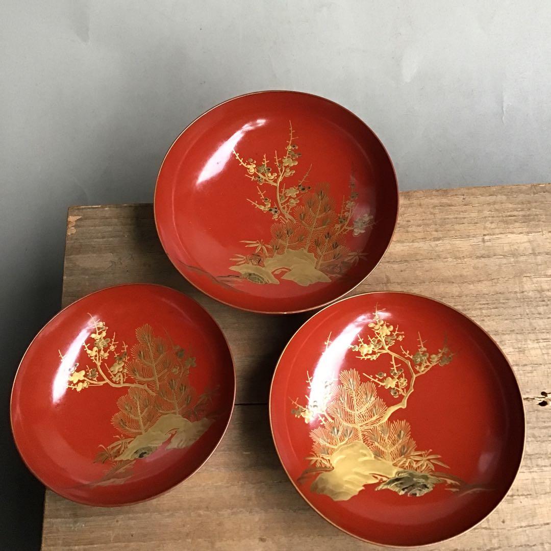 松竹梅　金彩　三つ組盃　金蒔絵　正月　祝い　本漆塗り