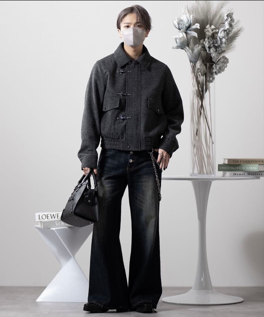 ウールブレンド ヘリンボーンツイードファイヤーマンブルゾン ブラック