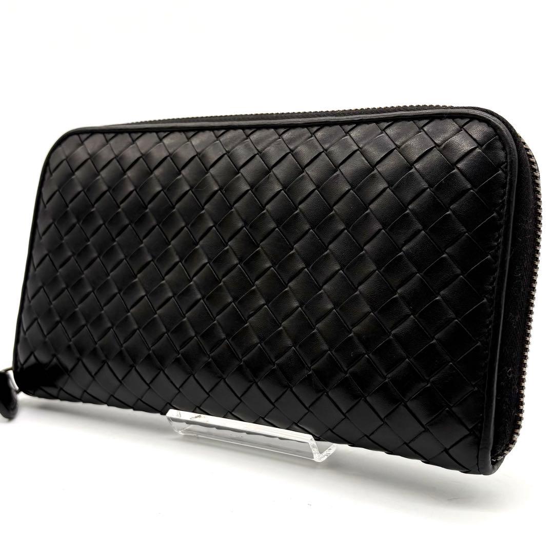 【美品】ボッテガヴェネタ 長財布 ラウンドジップ イントレチャート ブラック