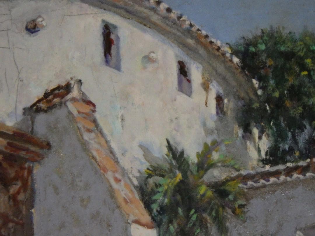 真作 春田美樹 油彩 闘牛場の内庭 ロンダ 肉筆 地図 木枠F6サイズ 一点