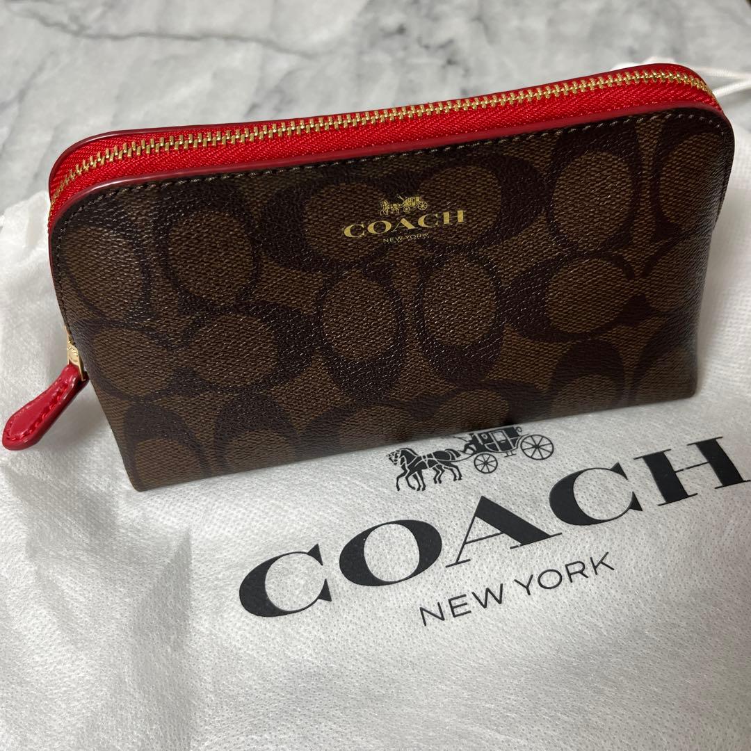 N*o様 未使用 COACH レザーポーチ ブラウン/レッド贈り物