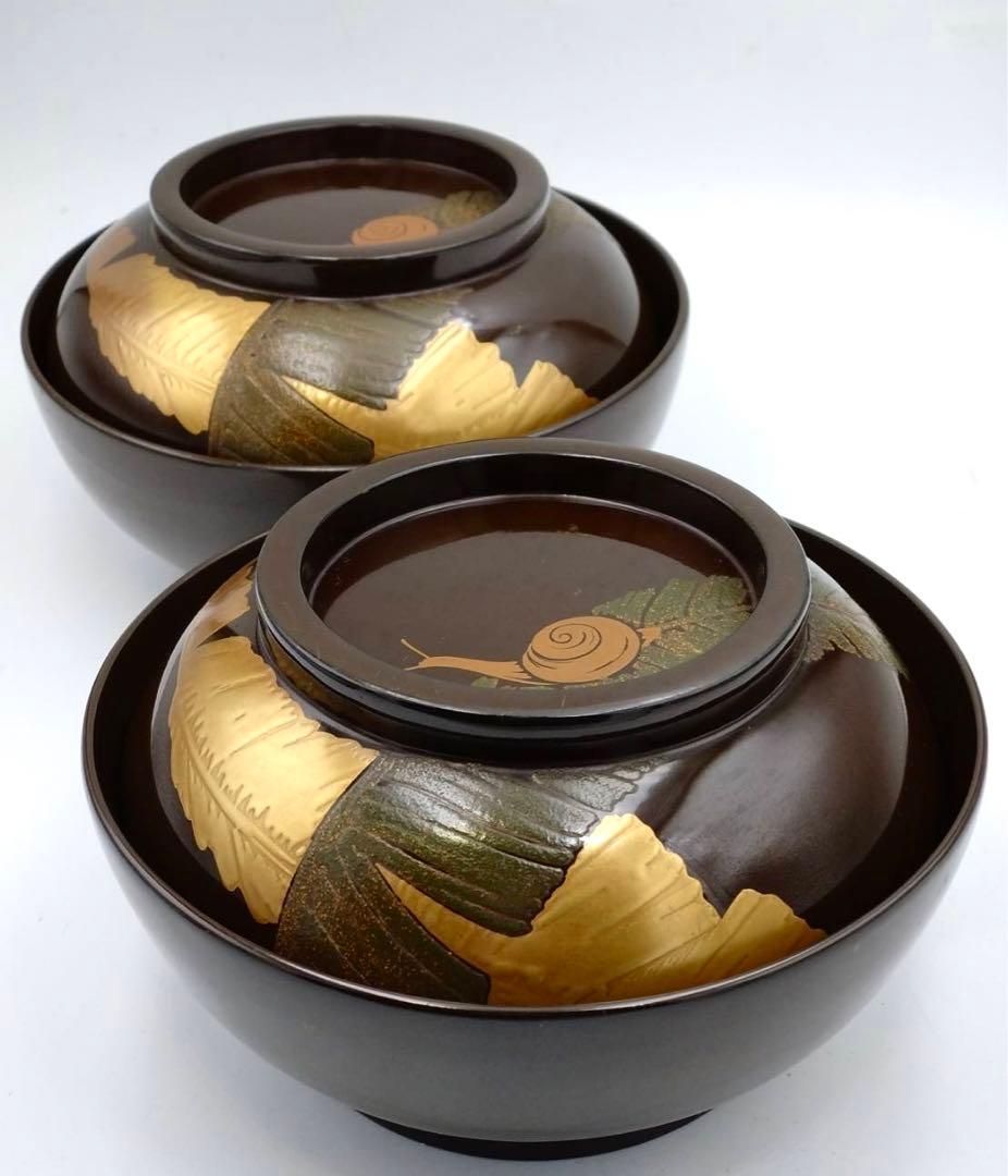 最高級 蓋付き汁椀 2客 お吸物 金漆塗 高蒔絵 芭蕉葉 蝸牛蜻蛉 アンティーク