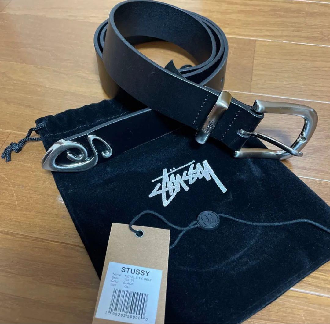 Stussy ブラックレザー ベルト L/XL