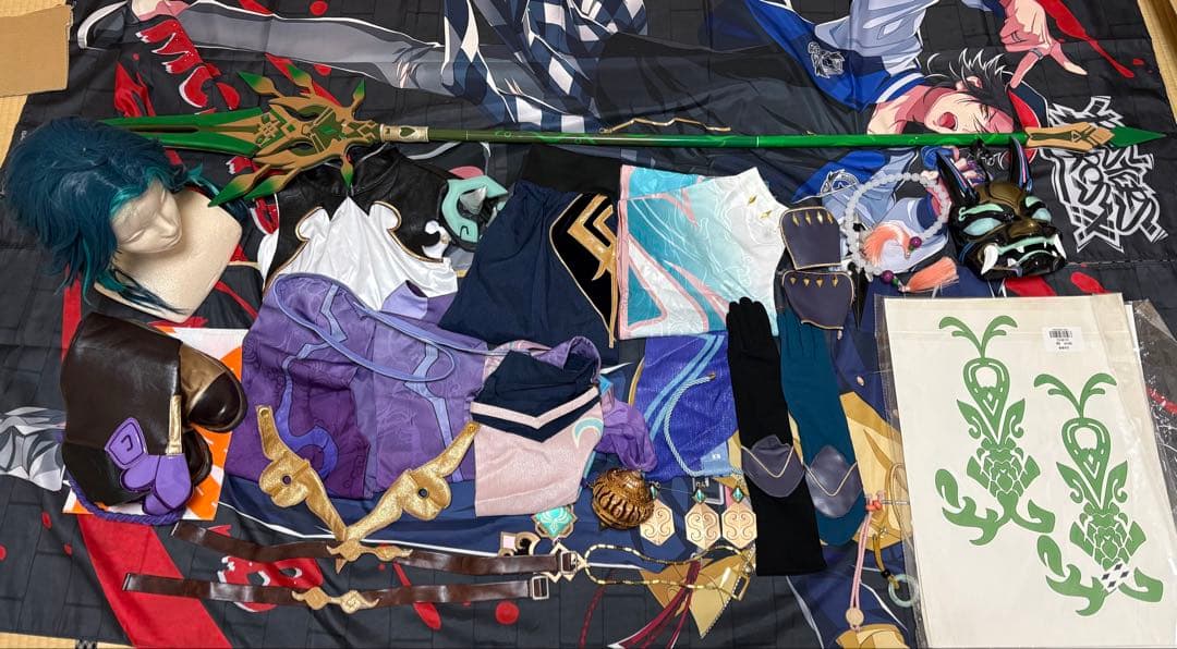 三分妄想　原神　魈　コスプレ　ウィッグ　衣装　靴　タトゥー　武器　Mサイズ