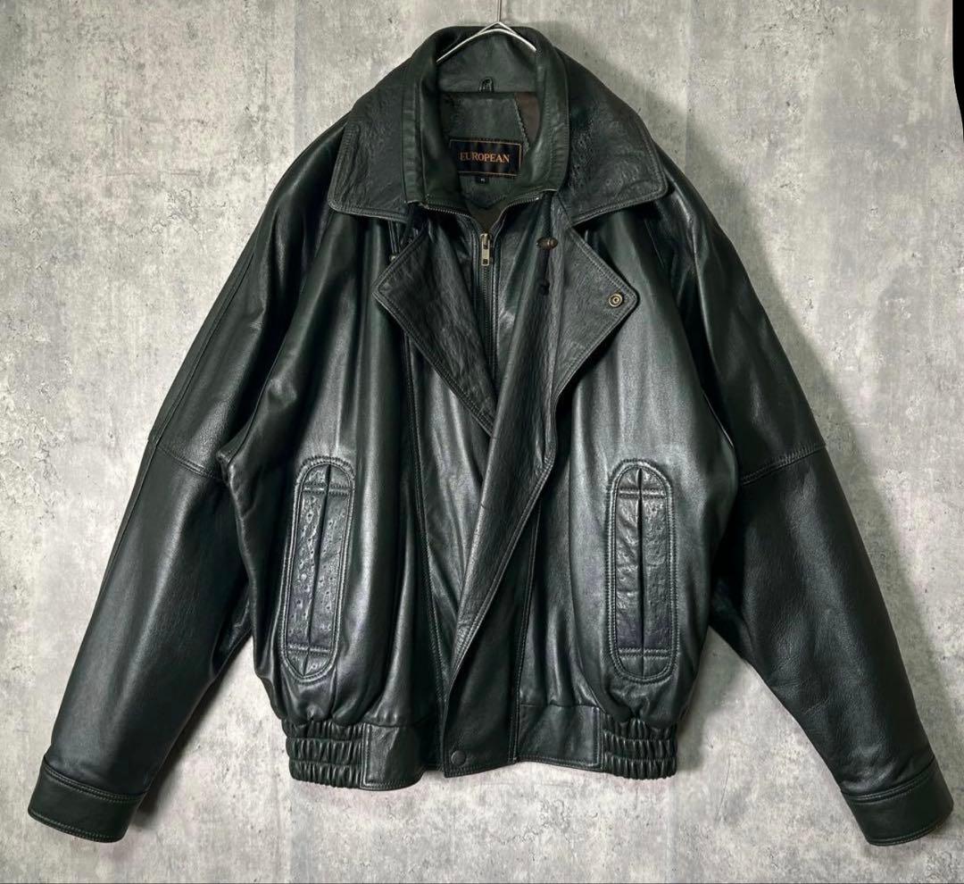 【希少】 ダークグリーン　羊革　レザージャケット　短丈　本革　緑