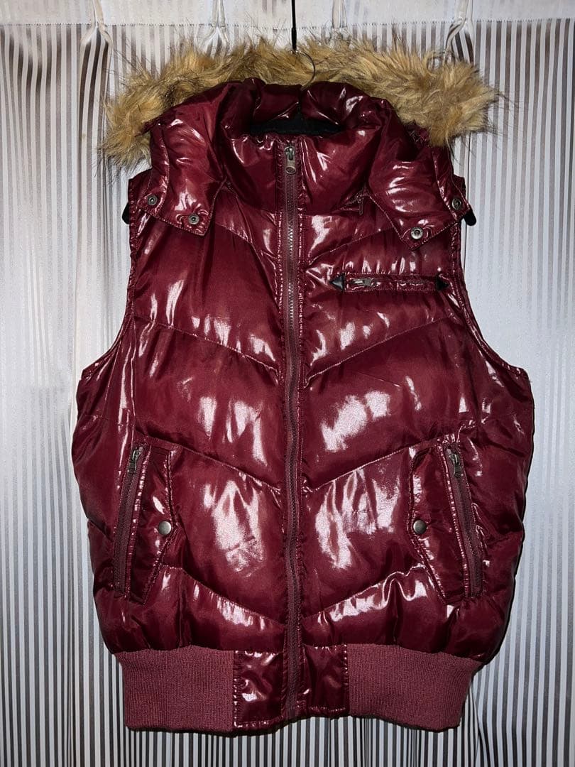 00s fur wine red down vest archive 平成 光沢