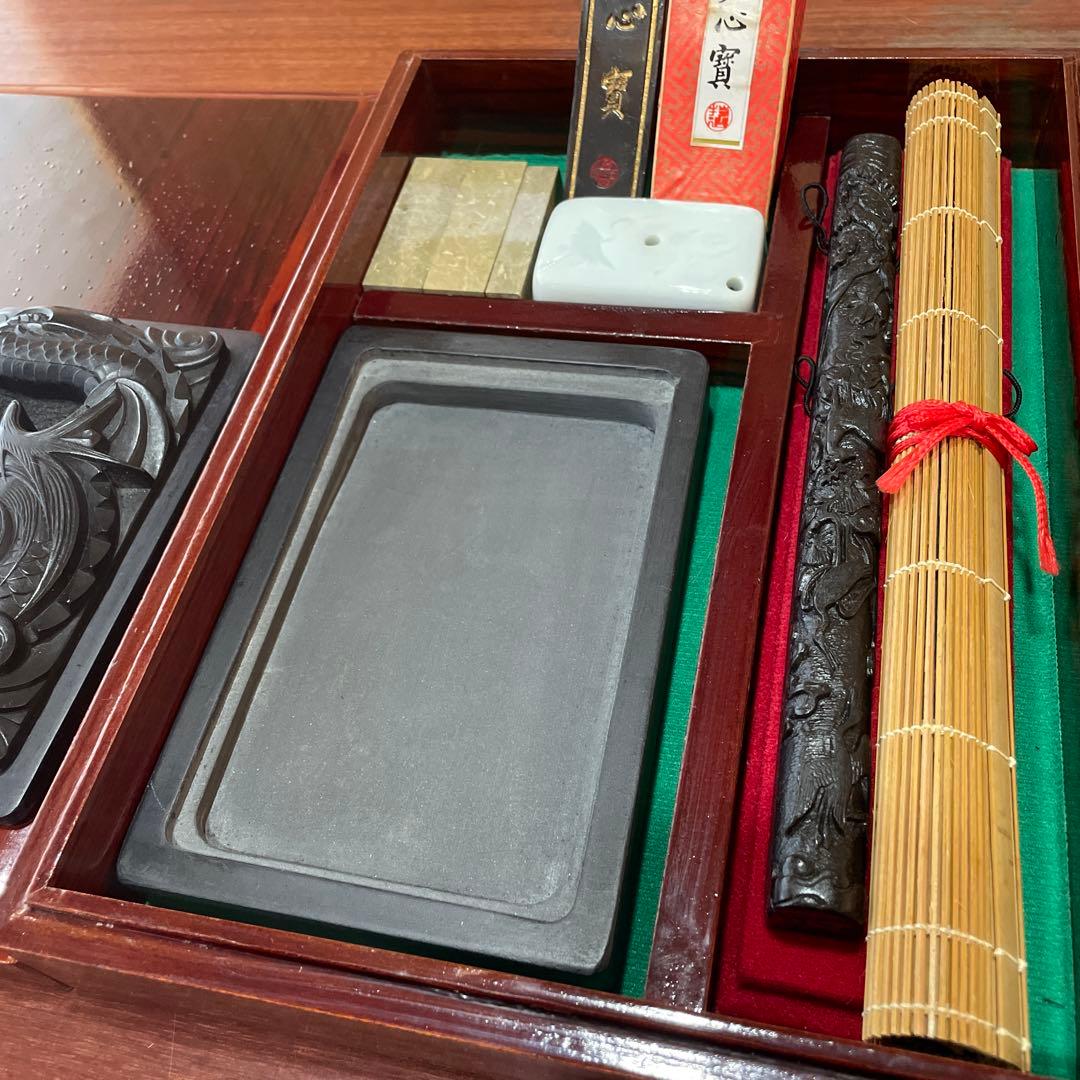 ドラゴン彫刻の木製硯箱 書道セット - メルカリ