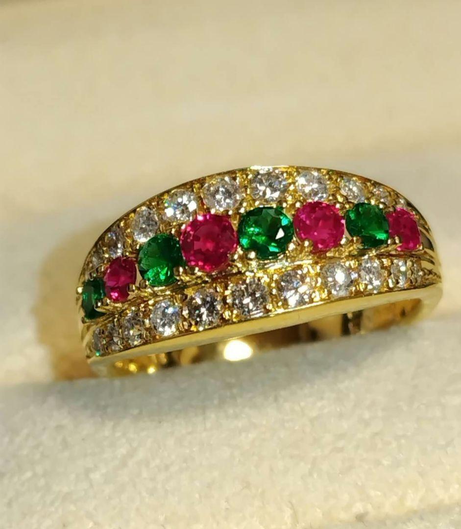 K18エメラルド、ルビー、ダイヤモンドリング