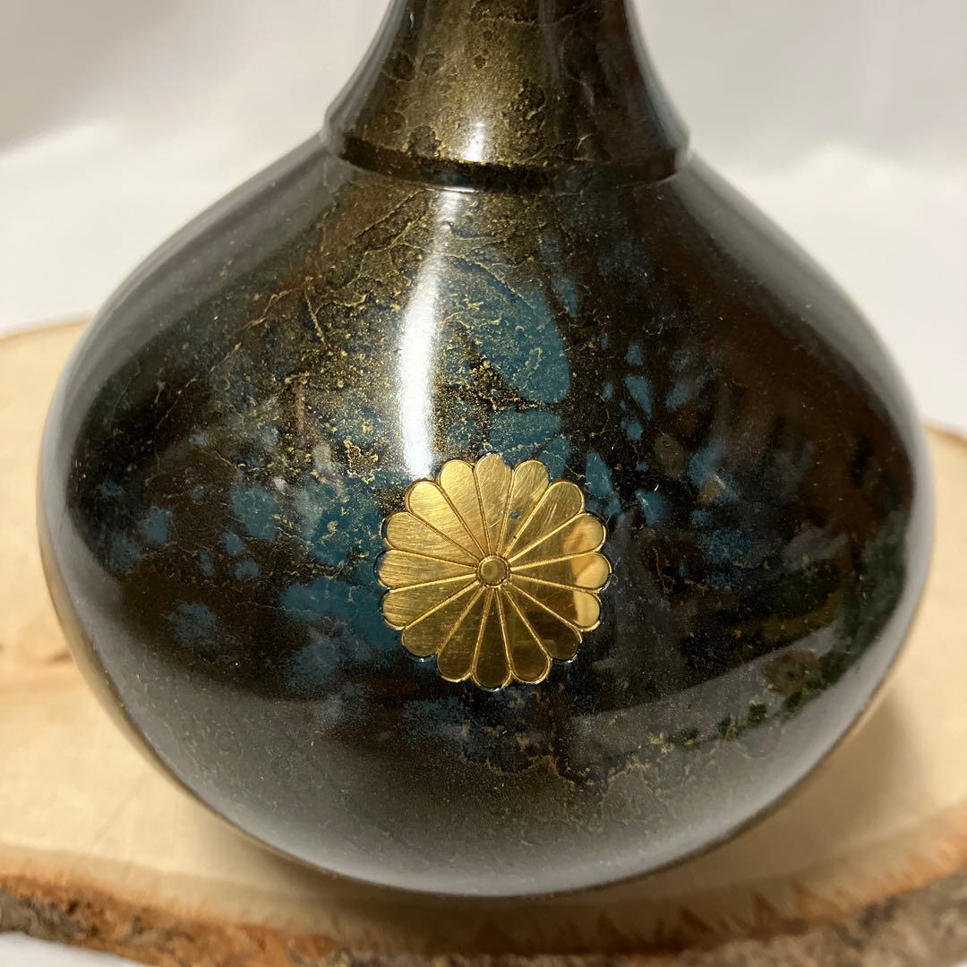高岡銅器 峰雲作 ブロンズ 青銅花瓶 錆銅 花入 菊紋 共箱 古美術