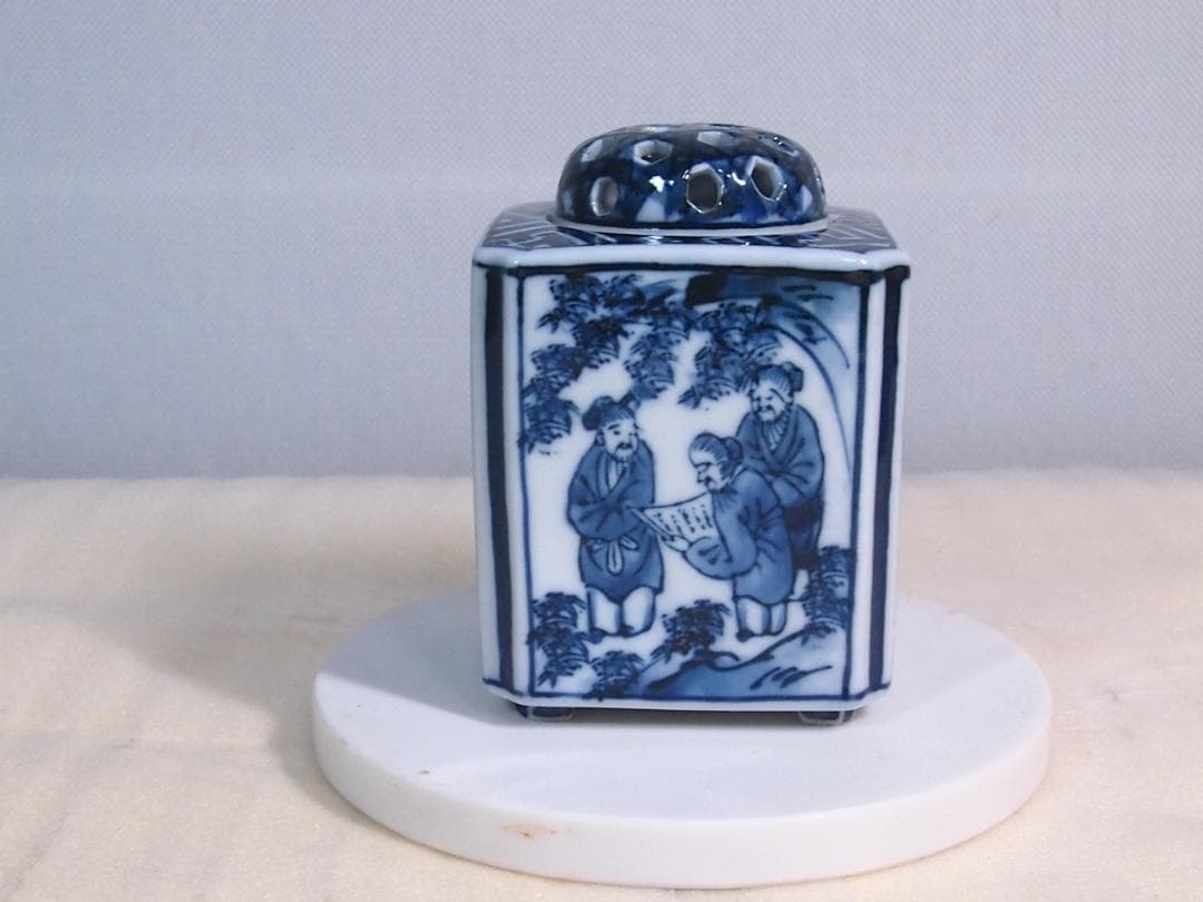 未使用】九谷焼 九谷陶香作 角福 福寿 香炉 染付 人物/小紋 茶道具/香