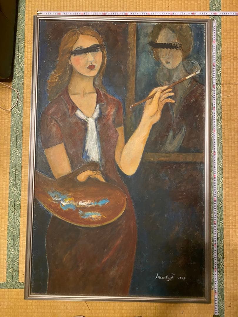 女性画家 油彩画 シルバー額縁 約79cm x 124cm